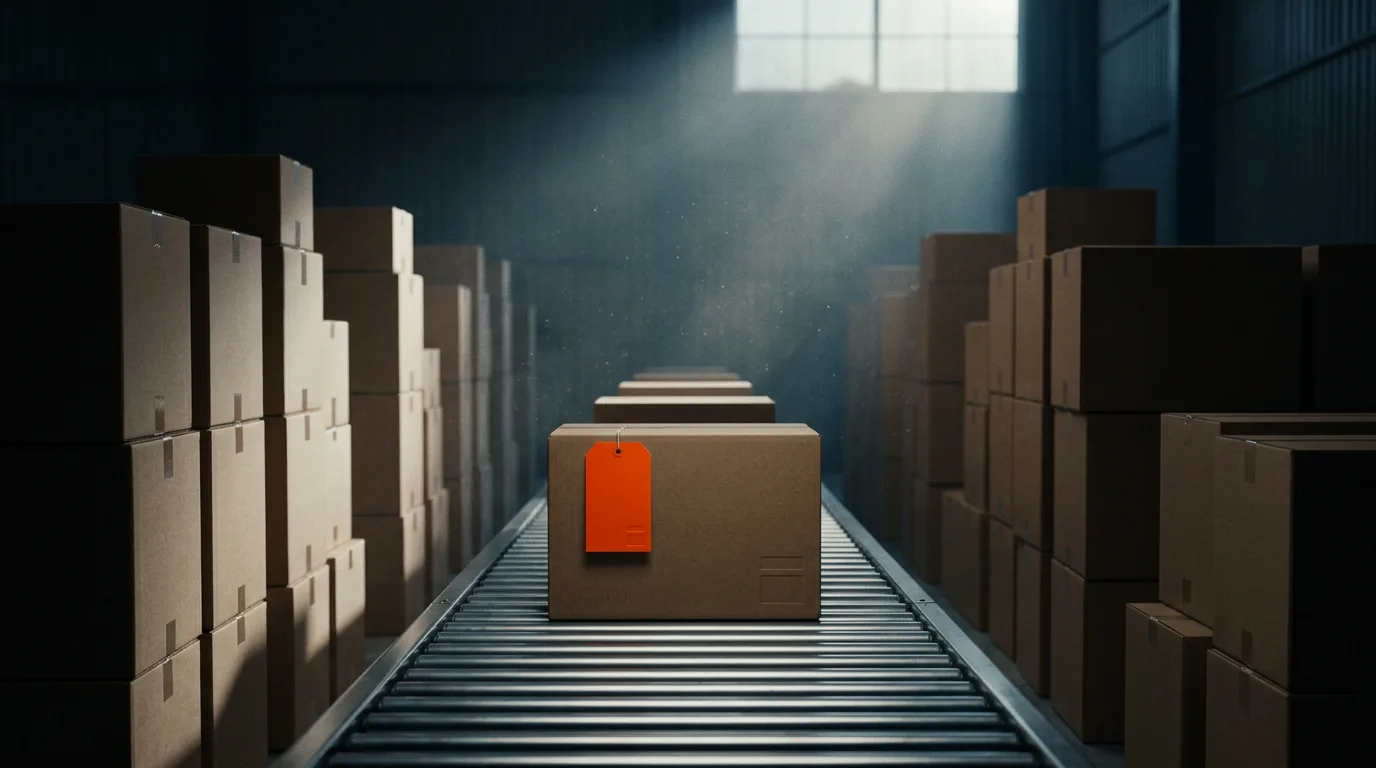A dim warehouse at dawn, rows of plain brown crates on a conveyor, one crate near the centre carrying a bright shipping tag while the rest stay unmarked.