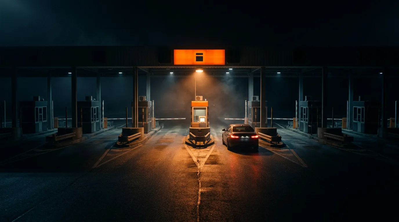 A near empty toll plaza at night, most lanes dark, one lane lit where a ticket prints as a car passes through free of any other record.