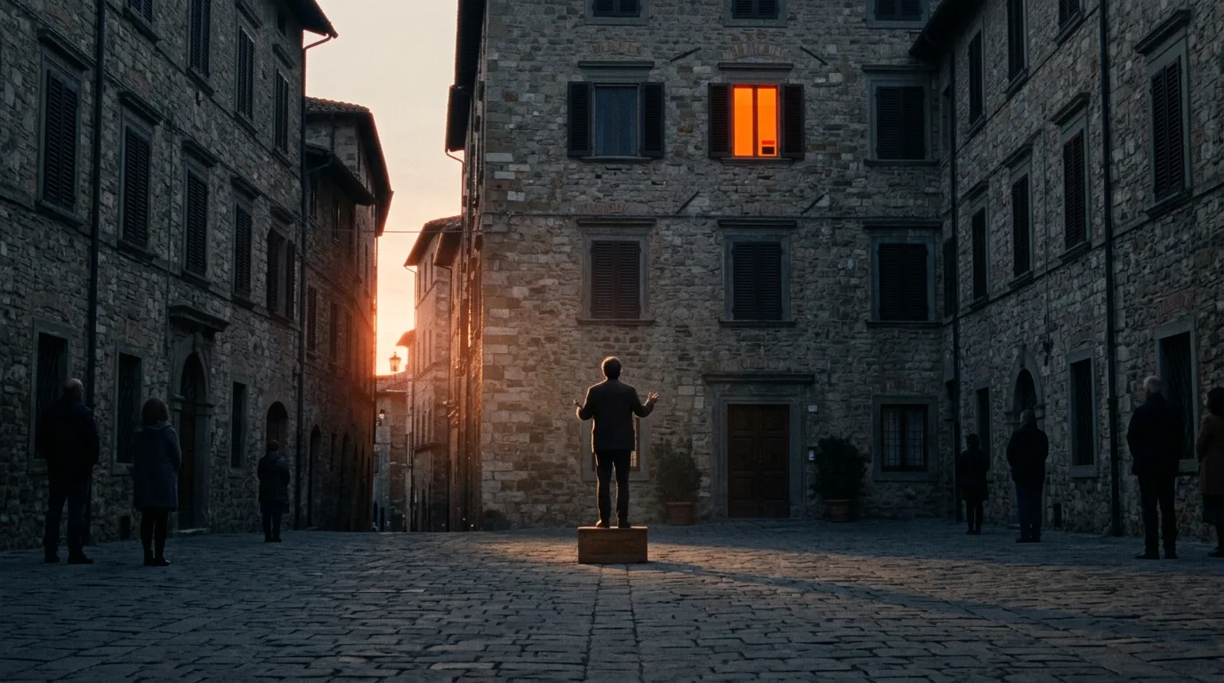 A stone town square at dusk, a lone figure on a low box seen from behind, most windows dark, a handful of listeners scattered at the edges.
