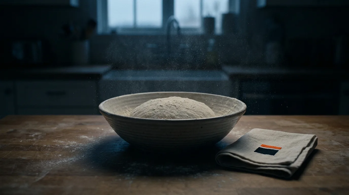 A round of bread dough proofs quietly in a ceramic bowl on a wooden counter before dawn light.