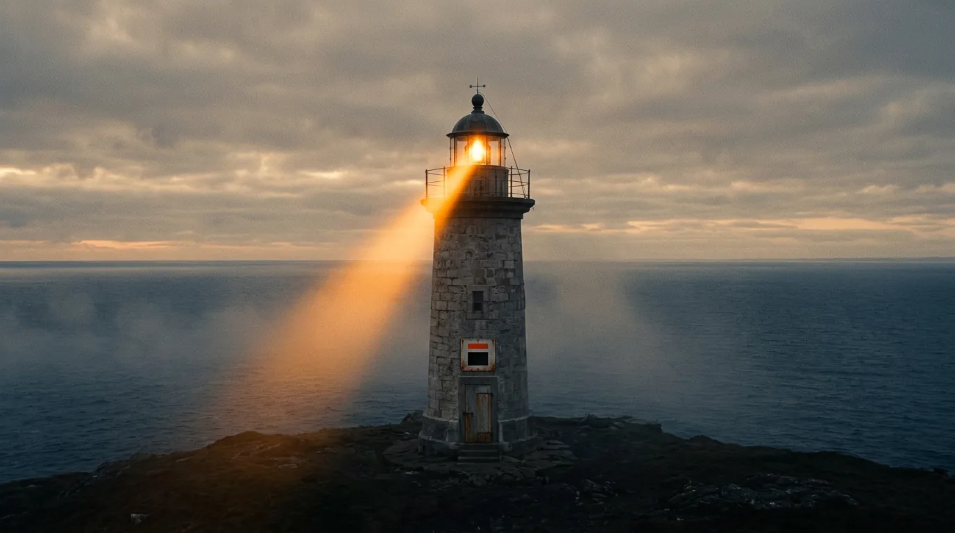 A stone lighthouse sweeps its beam over a dark sea at dawn, standing for the visibility small business SEO work is built to earn.