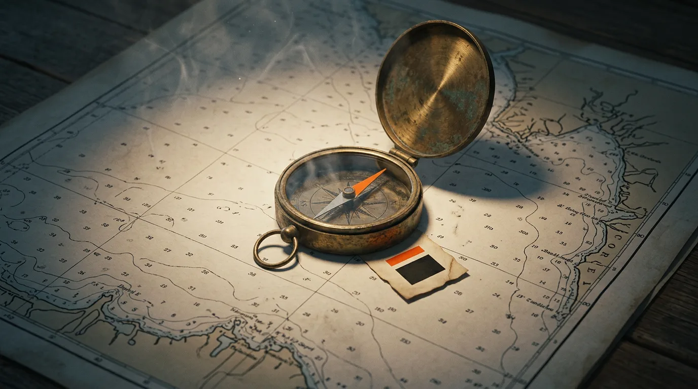 A brass compass rests open on an old nautical chart under a single desk lamp.
