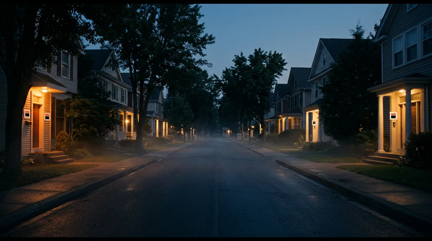 Porch lights switch on one by one along a quiet residential street at dusk.