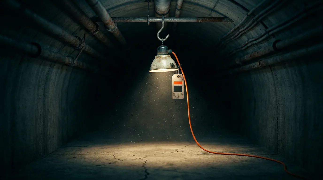 A single work lamp lights a quiet underground service tunnel lined with pipes, standing for the technical checks every small business SEO plan starts with.