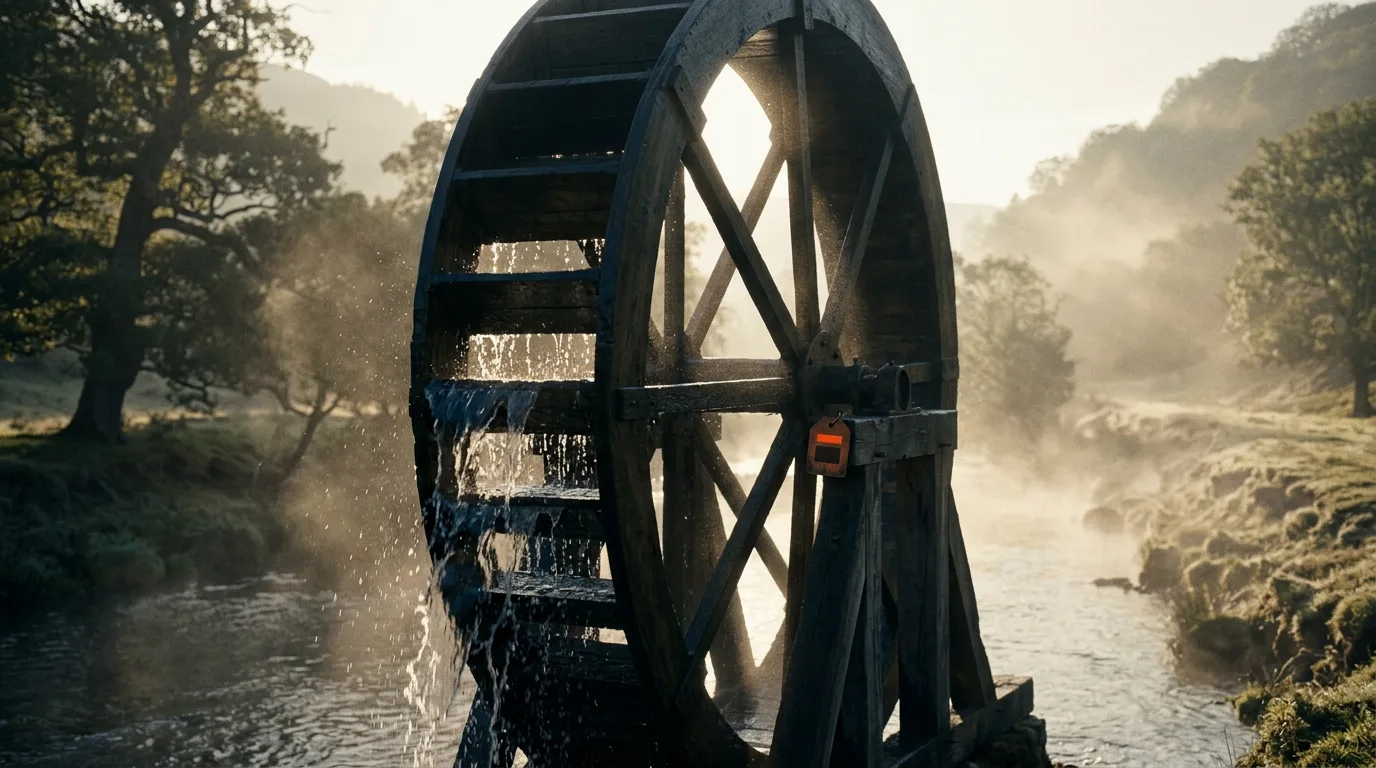 An old wooden watermill wheel turning in a river at first light, water cascading off each paddle in an unbroken loop.