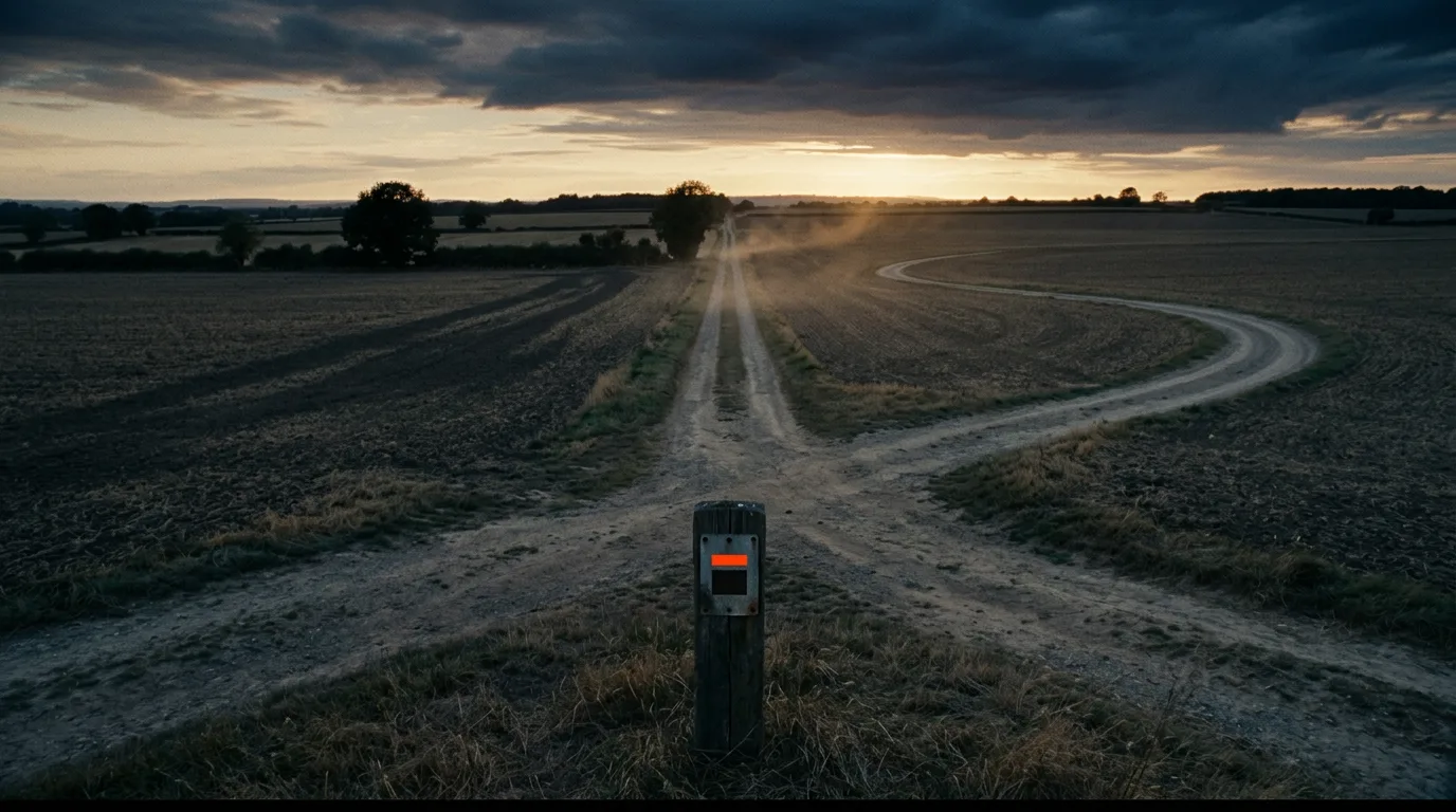 A dirt crossroads at dusk where one path runs straight to the horizon and the other curves back on itself to re-enter the frame.