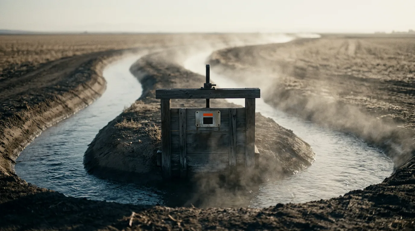 An irrigation channel in a dry field at dawn with water looping back through a wooden head gate into its own source.