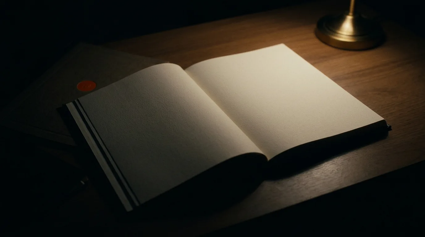 A single open ledger lit by a desk lamp on a bare wooden desk at night.