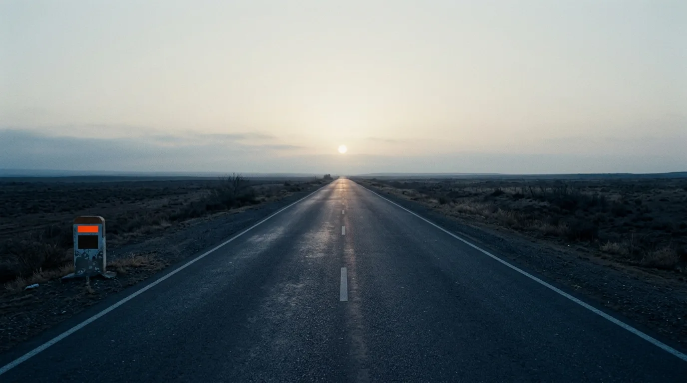 An open two-lane road at dawn running toward a pale horizon with a single roadside marker in the near frame.