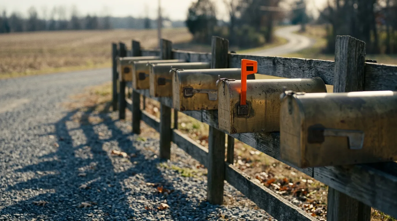 A row of brass mailboxes on a weathered fence along a quiet rural road, one flag raised.