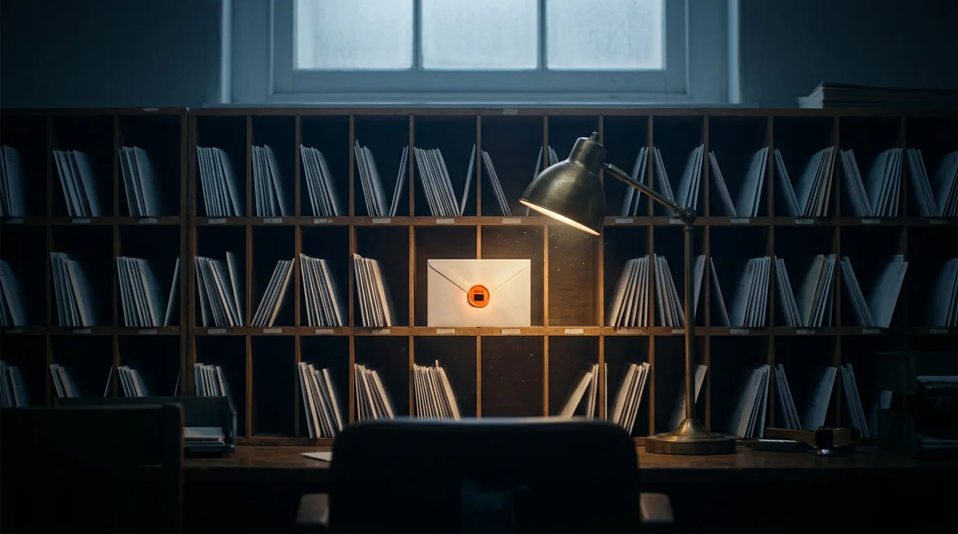 A single glowing envelope on a mail-sorting desk at dawn, standing for email marketing for small business done one send at a time.