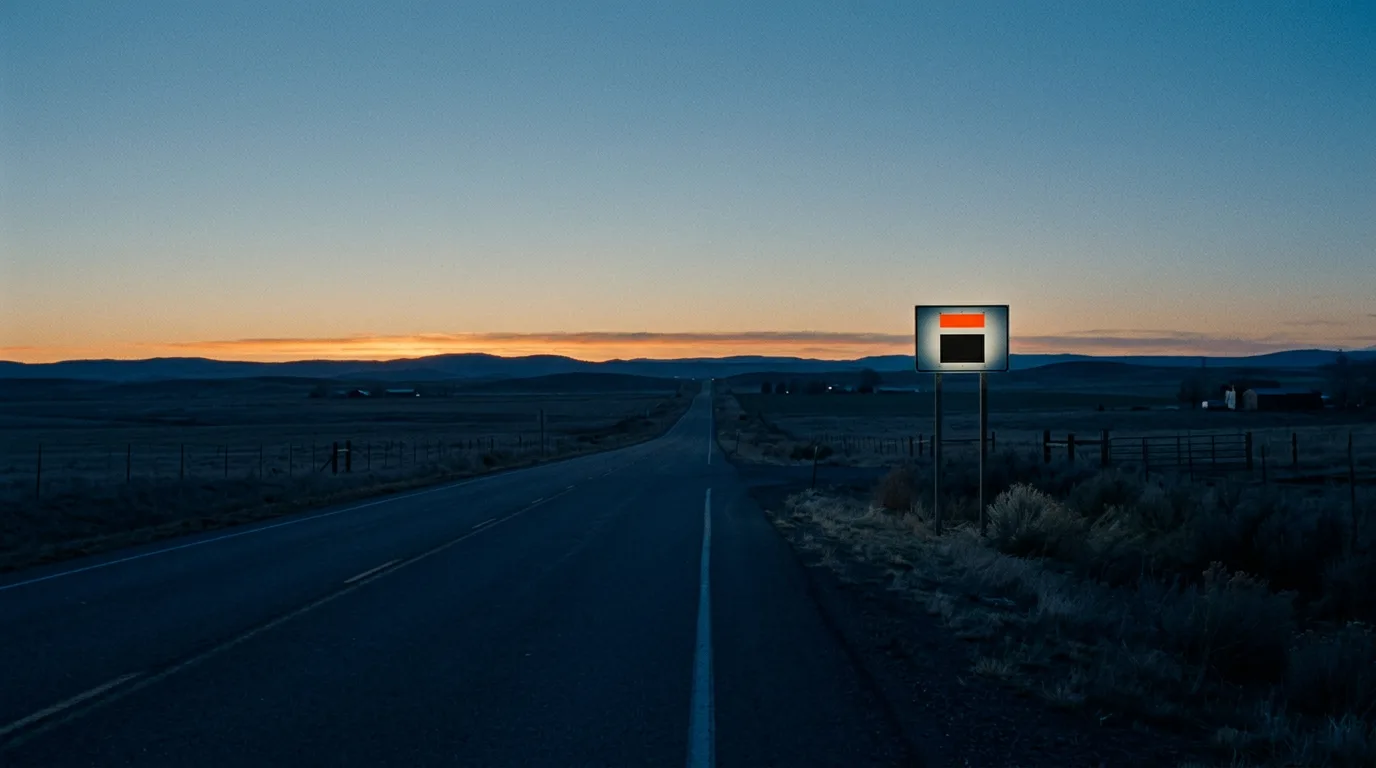 A long two-lane road stretching toward the horizon at dusk, a single lit road sign at the roadside.