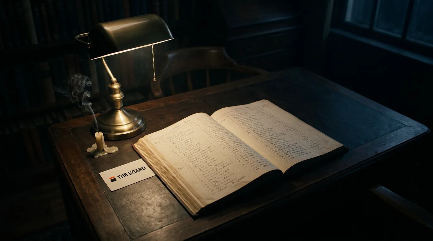 An open ledger book on a wooden desk, lit by a single brass lamp, a small stamped card resting beside it.