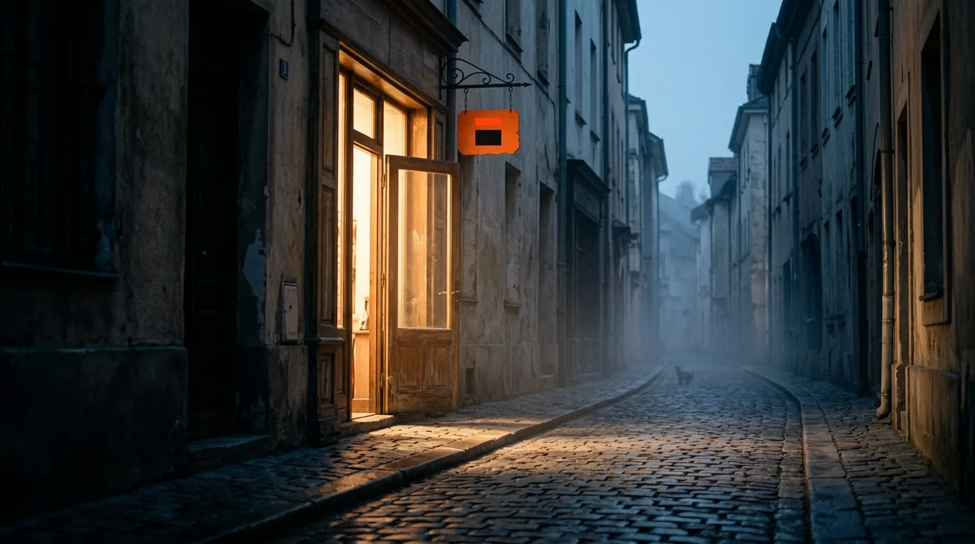 A single shopfront door standing open at first light, warm light spilling onto the wet pavement outside.