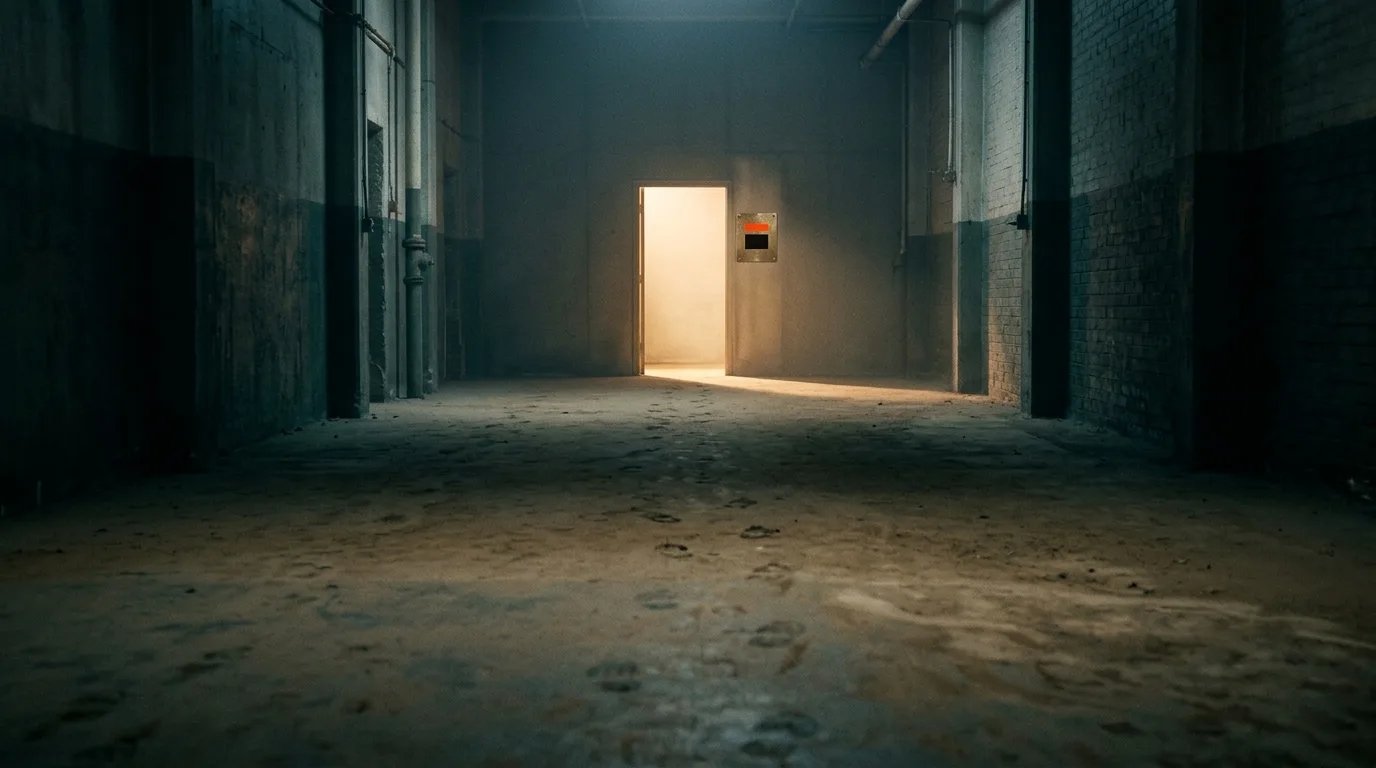 A single lit doorway at the end of a long empty corridor, footprints in the dust leading toward it, a small mark set into a plate beside the frame.