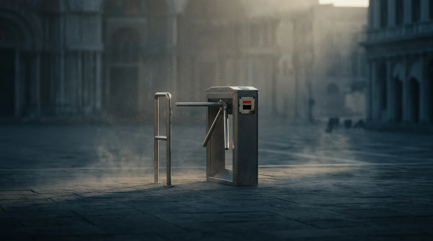 A single turnstile gate alone in an empty stone plaza at first light, the kind of narrow point conversion rate optimization tries to widen, a small orange and black mark on its counter housing.