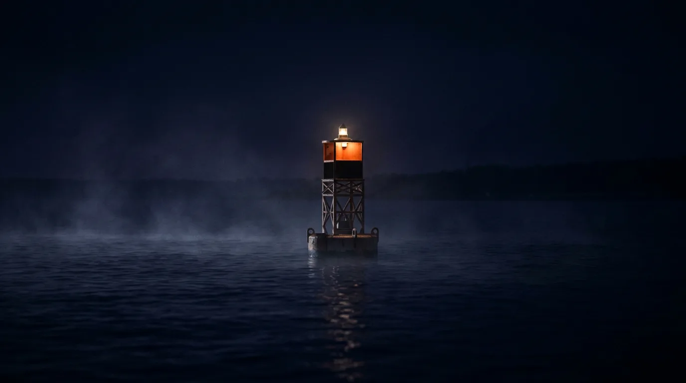 A single buoy with a small lamp floating in a vast dark harbor, marking the one channel deep enough to pass.
