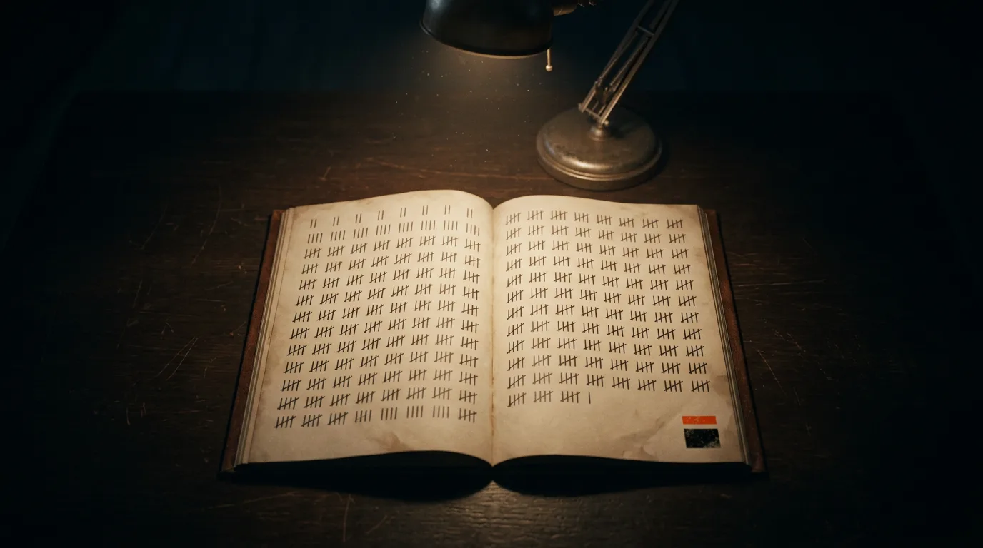 An open ledger book under a single desk lamp, rows of tally marks trailing into shadow, a small orange and black mark stamped in the corner.