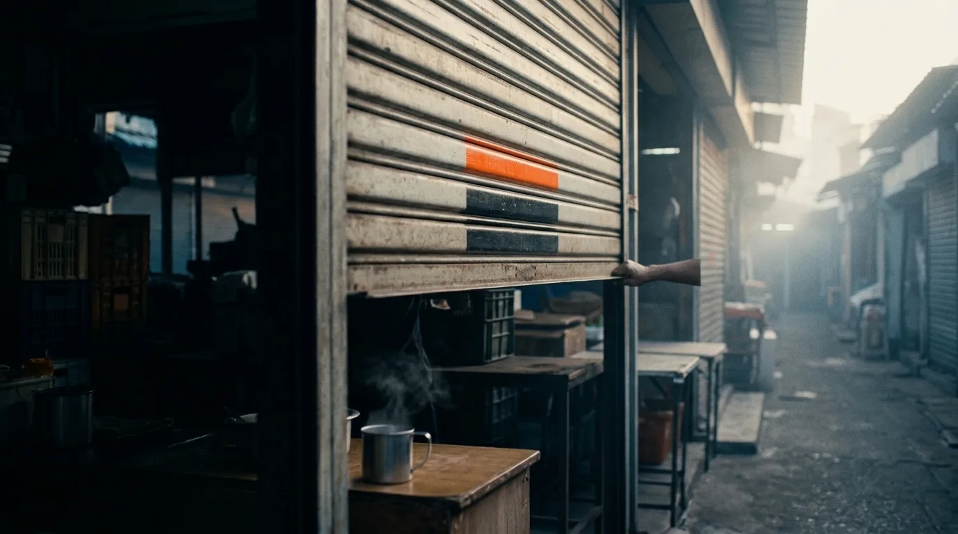 A market stall's metal shutter rolled up partway at first light, a small painted mark on the shutter catching the sun.