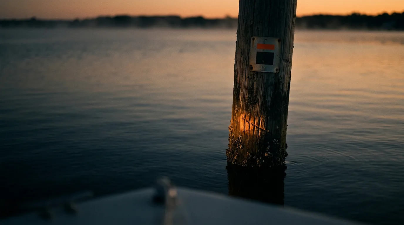 A weathered wooden buoy post marked with hand-cut tally notches rises from calm water at dusk.