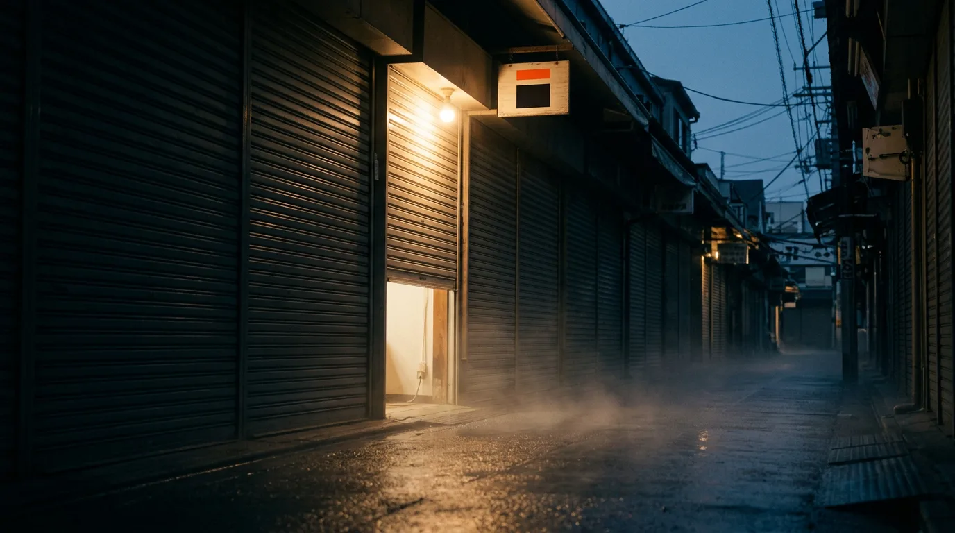 A single lit shopfront glows among closed, dark shutters on a quiet street before dawn: the one-platform idea behind social media marketing for small business.