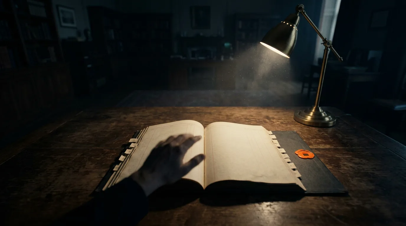 An open ledger lit by a single desk lamp, its pages marked with a row of small paper tabs.