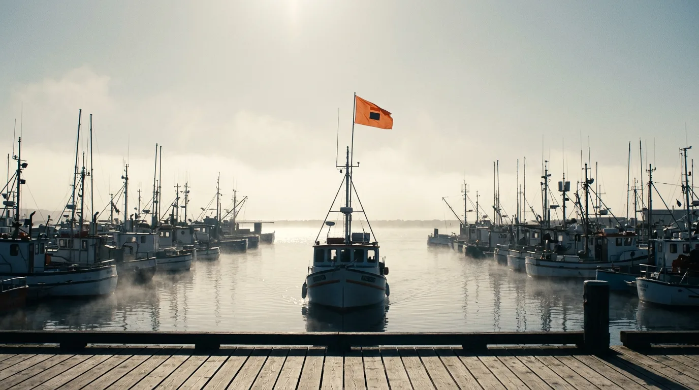 A fishing boat's mast flag catches the wind in a harbor where every other boat's flag stays lowered, the kind of restraint social media marketing for small business tends to reward.