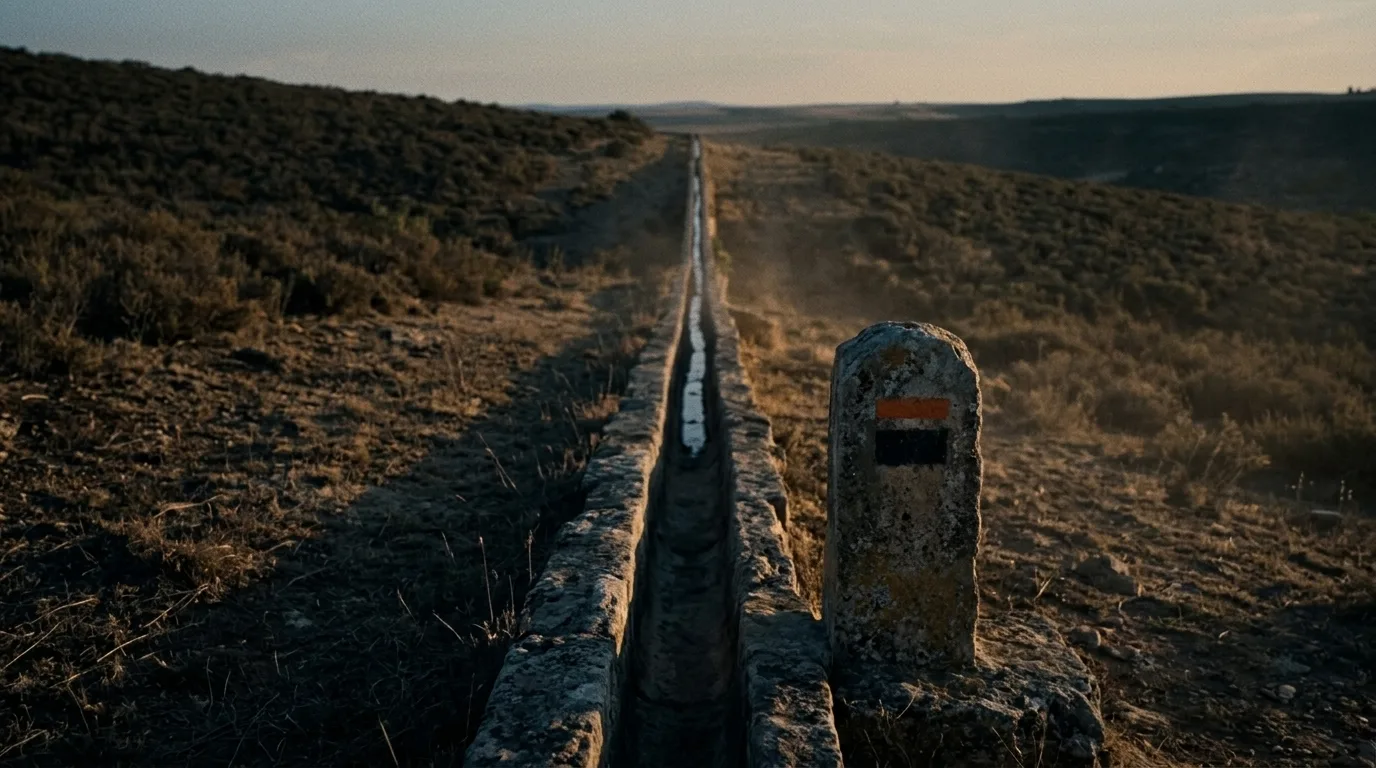 A narrow stone aqueduct channel at dusk, water tapering to a thin ribbon at its narrowest point, with a weathered marked stone beside the channel.