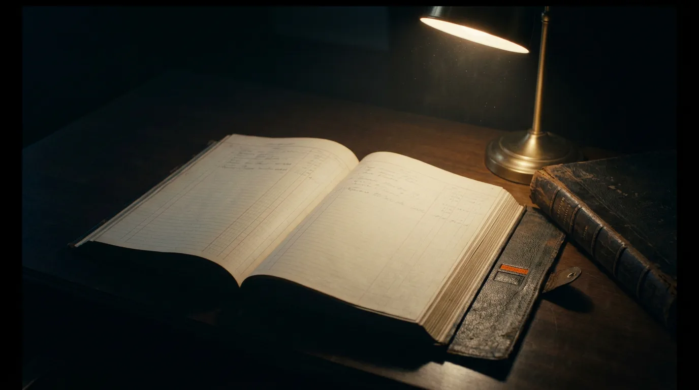 An open ledger book lit by a single desk lamp in an otherwise dark room, its leather cover stamped with a small marked plate beside the lamp.