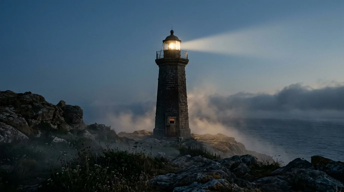 A lighthouse beam cutting through low fog at dusk, with a small marked sign fixed to its iron door below the lamp room.