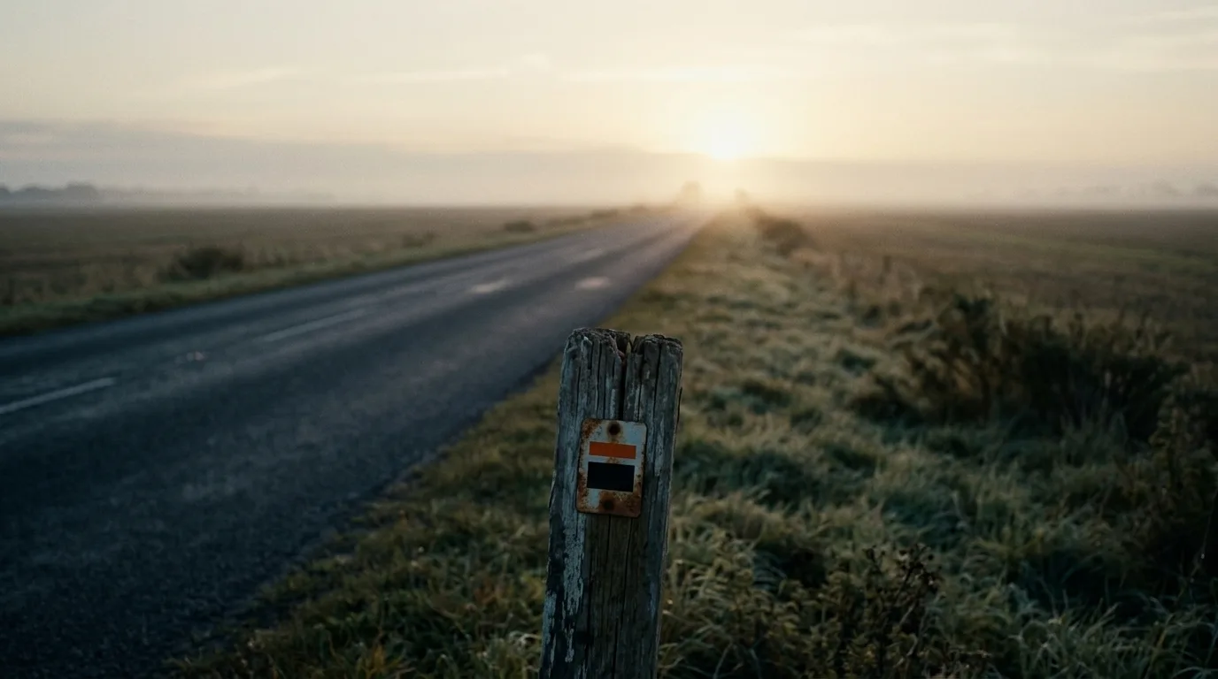 A long two-lane road stretching toward a rising sun across flat open fields, with a worn wooden mile marker post at the roadside carrying a small metal tag.