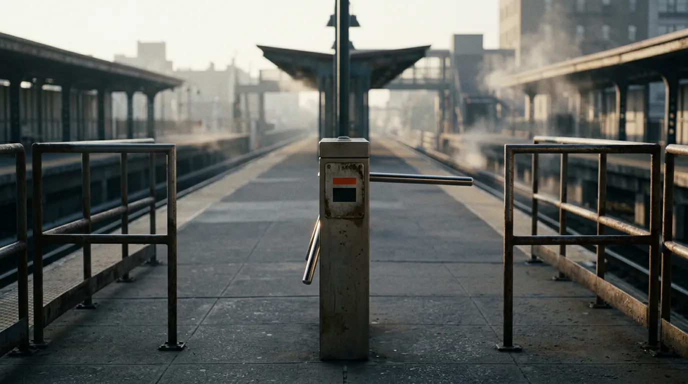 A single turnstile gate alone on an empty elevated platform at sunrise, with a small marked metal plate fixed to its post.