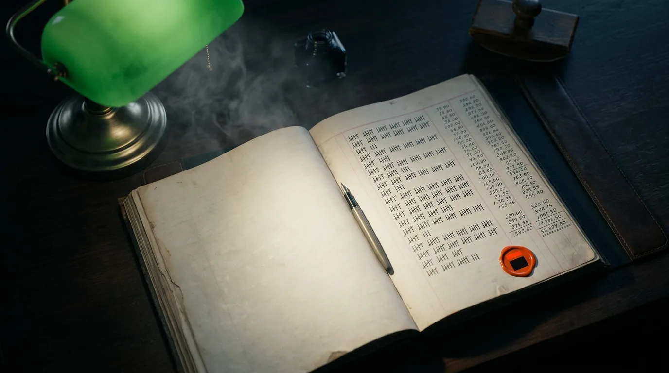 An open ledger under a banker's lamp, its pages covered in hand-tallied marks and running totals from a product hunt launch day.