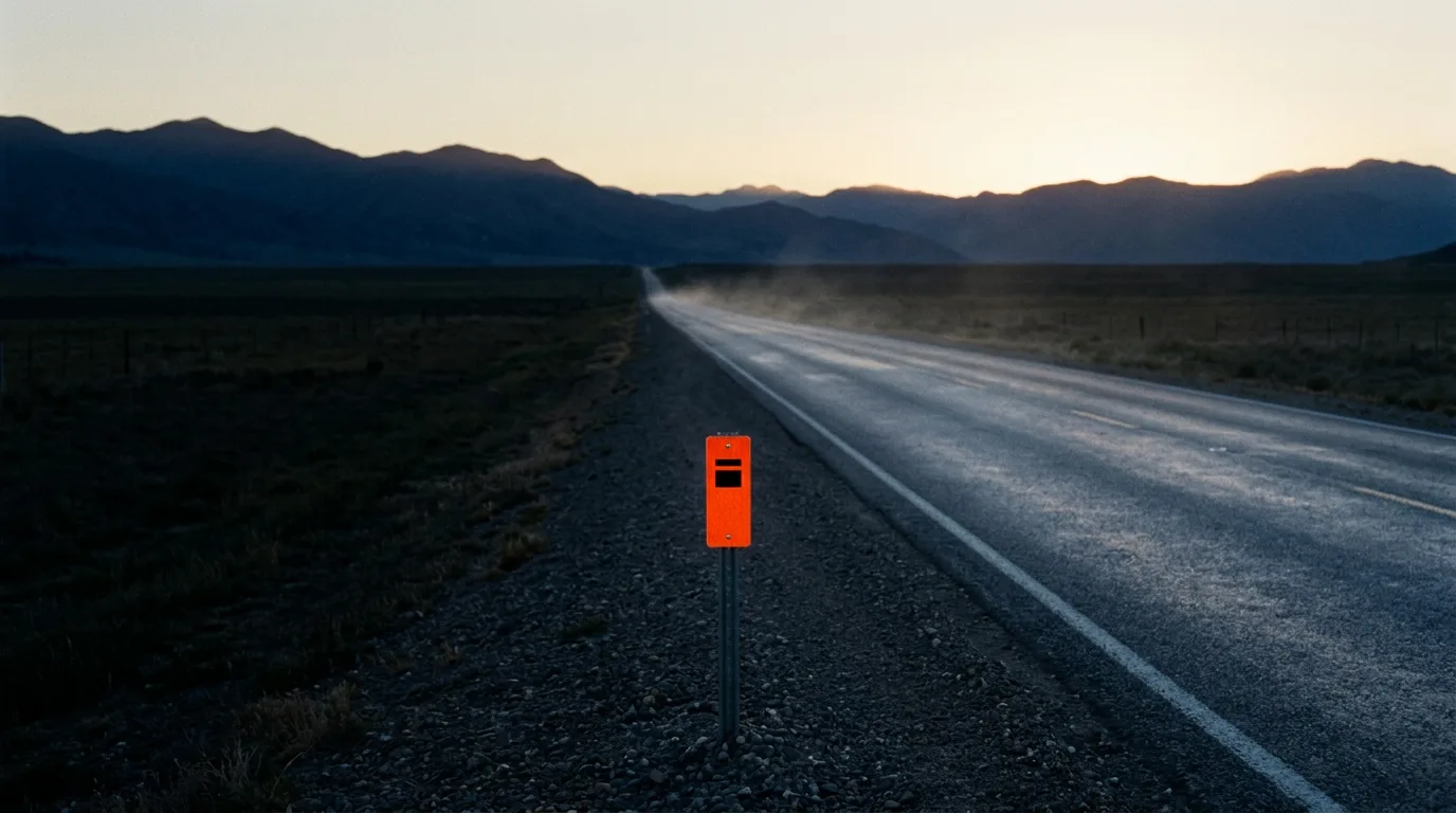 A long stretch of road disappearing toward the horizon at dusk, a small marker post standing at the shoulder past the end of a product hunt launch day.