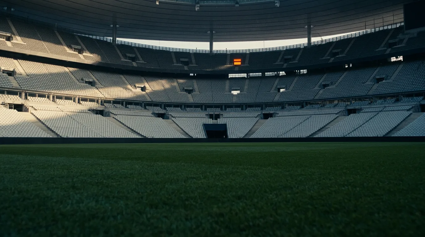 An empty stadium at dawn, rows of vacant seats curving away under the first flat light of morning after a product hunt launch day ends.