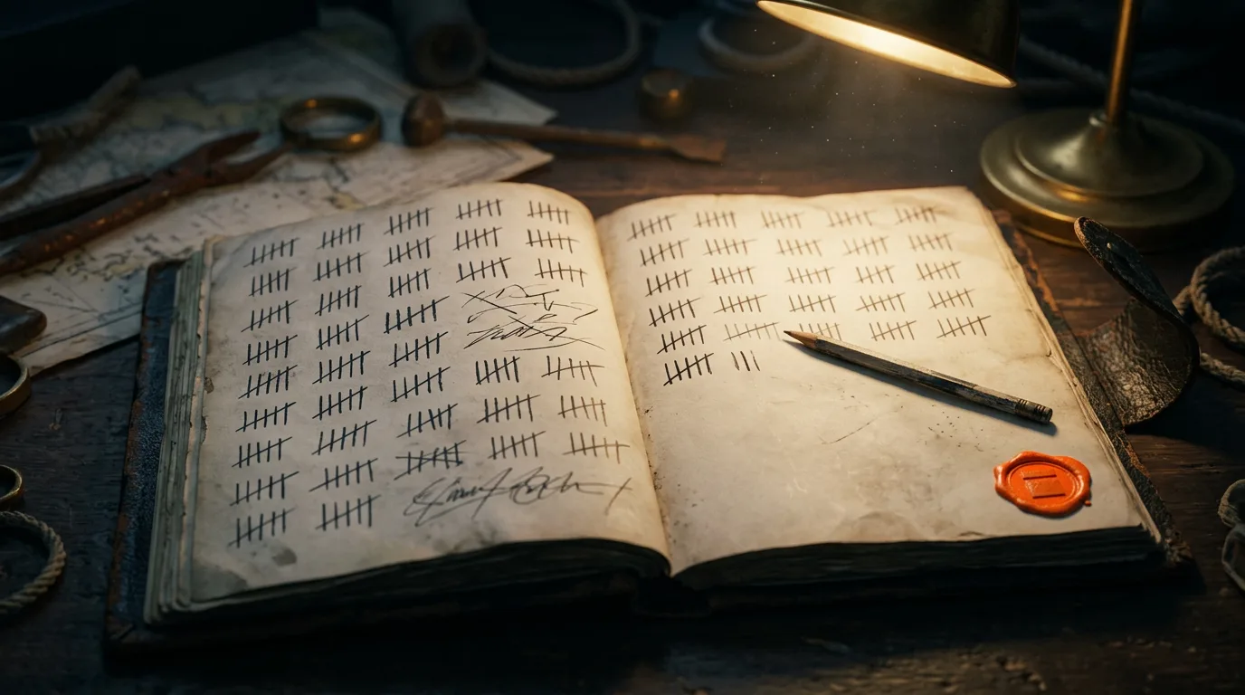 An open leather-bound logbook on a wooden desk, lit by a brass lamp, a pencil resting across an unfinished row.