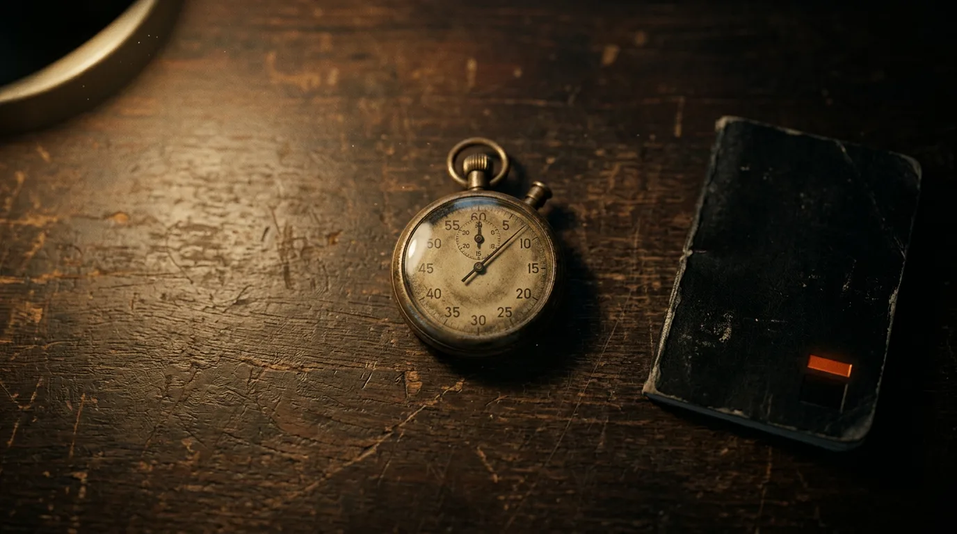 An old brass stopwatch resting on a wooden desk under lamplight, its hands near the ten-second mark.