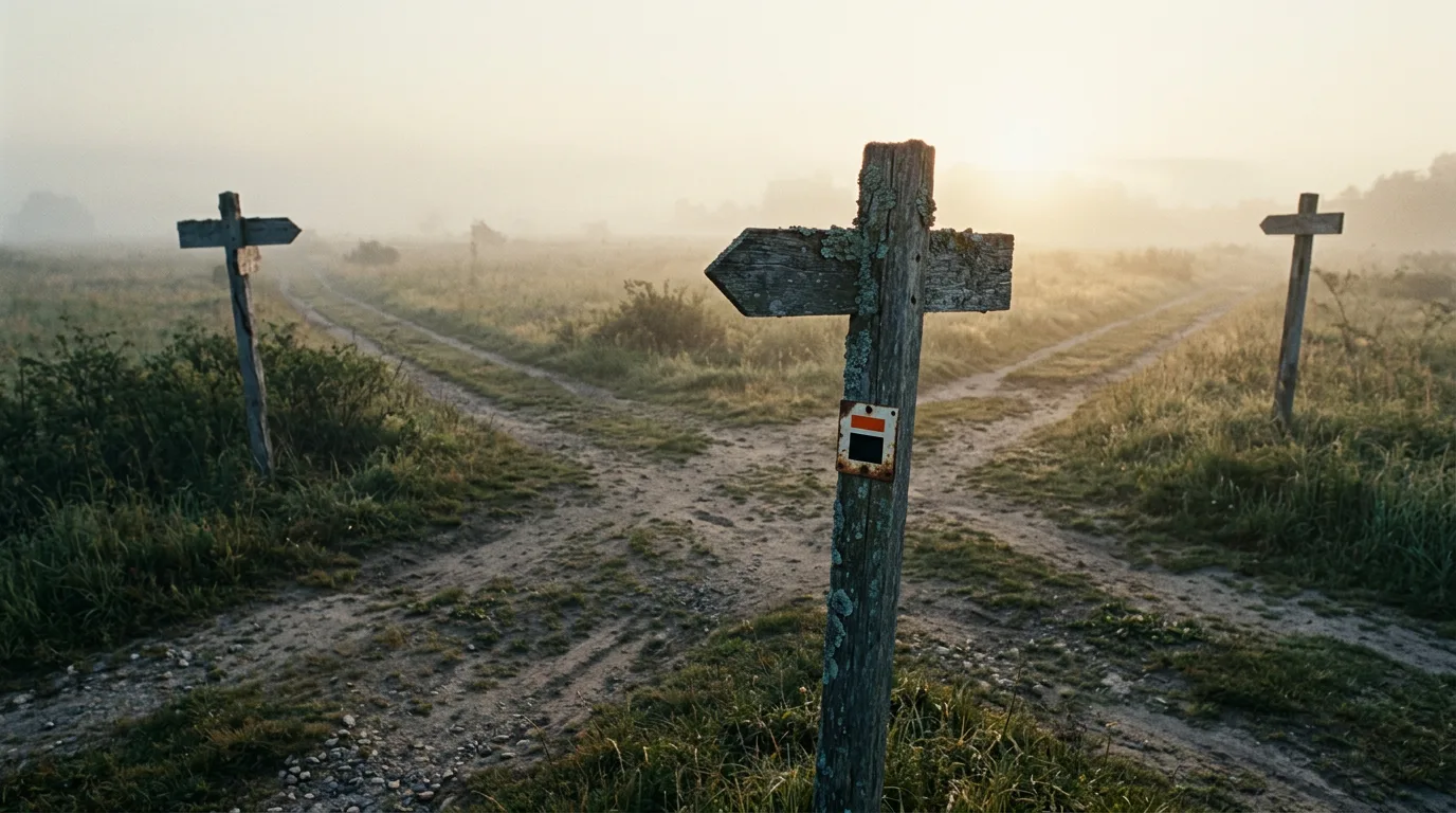 Three dirt paths diverging across a foggy field at dawn, each marked by its own weathered signpost.