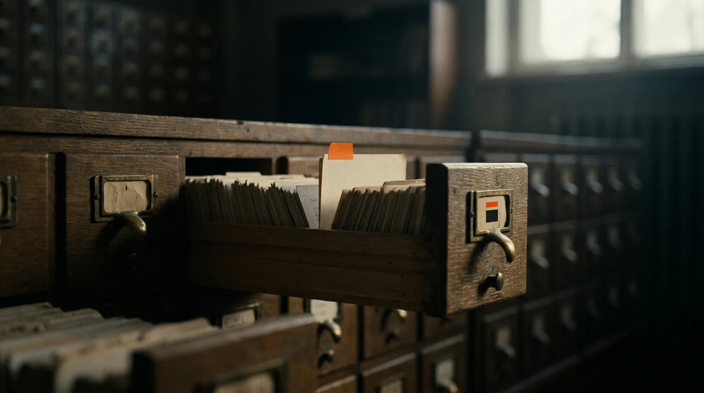 A wooden card-catalog drawer half open, one index card pulled forward, caught in afternoon light, standing for the category choices behind Google Business Profile optimization.