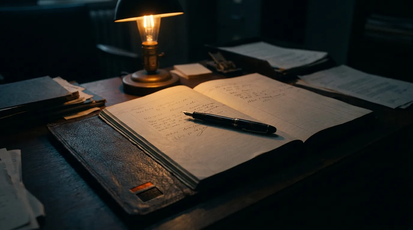An open ledger under a desk lamp, a fountain pen resting mid-sentence across the page, the lamp the only light in the room.