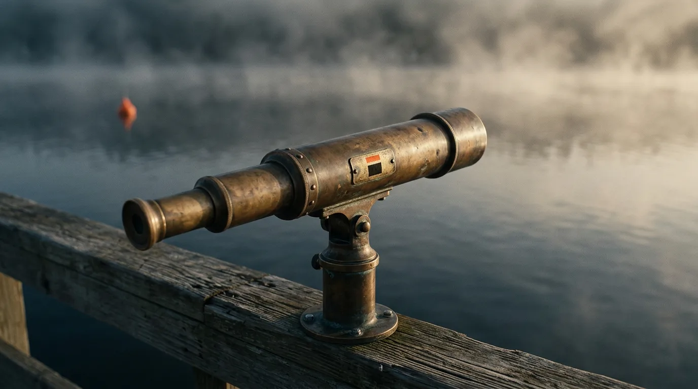 A brass ship's telescope mounted on a weathered dock rail, aimed out across still water in a harbor at first light.