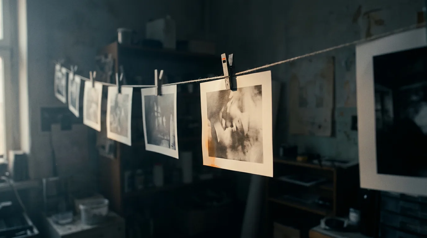 A row of black-and-white photographs clipped to a line strung across a quiet room, the nearest print catching the last window light.