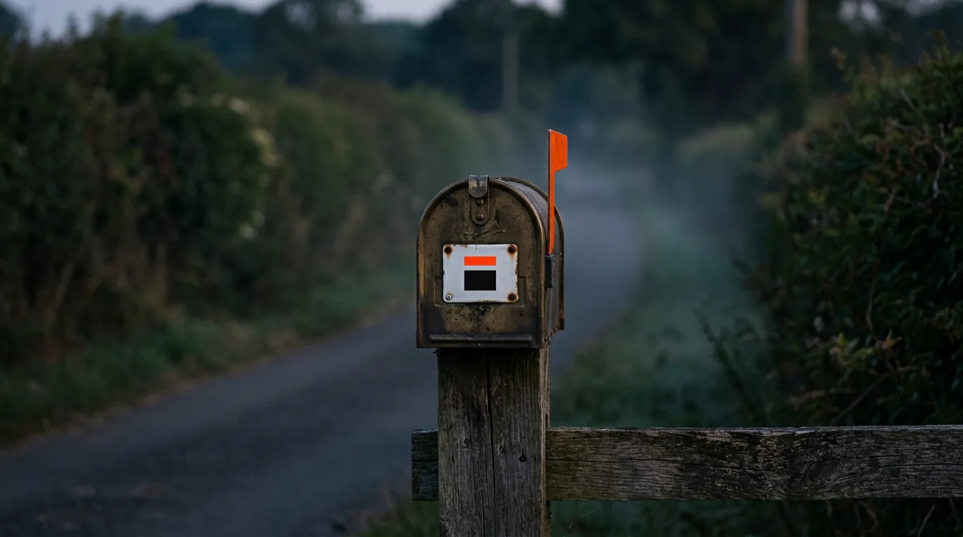 An old brass mailbox mounted on a wooden fence post, its small flag raised, dusk settling over a quiet lane.