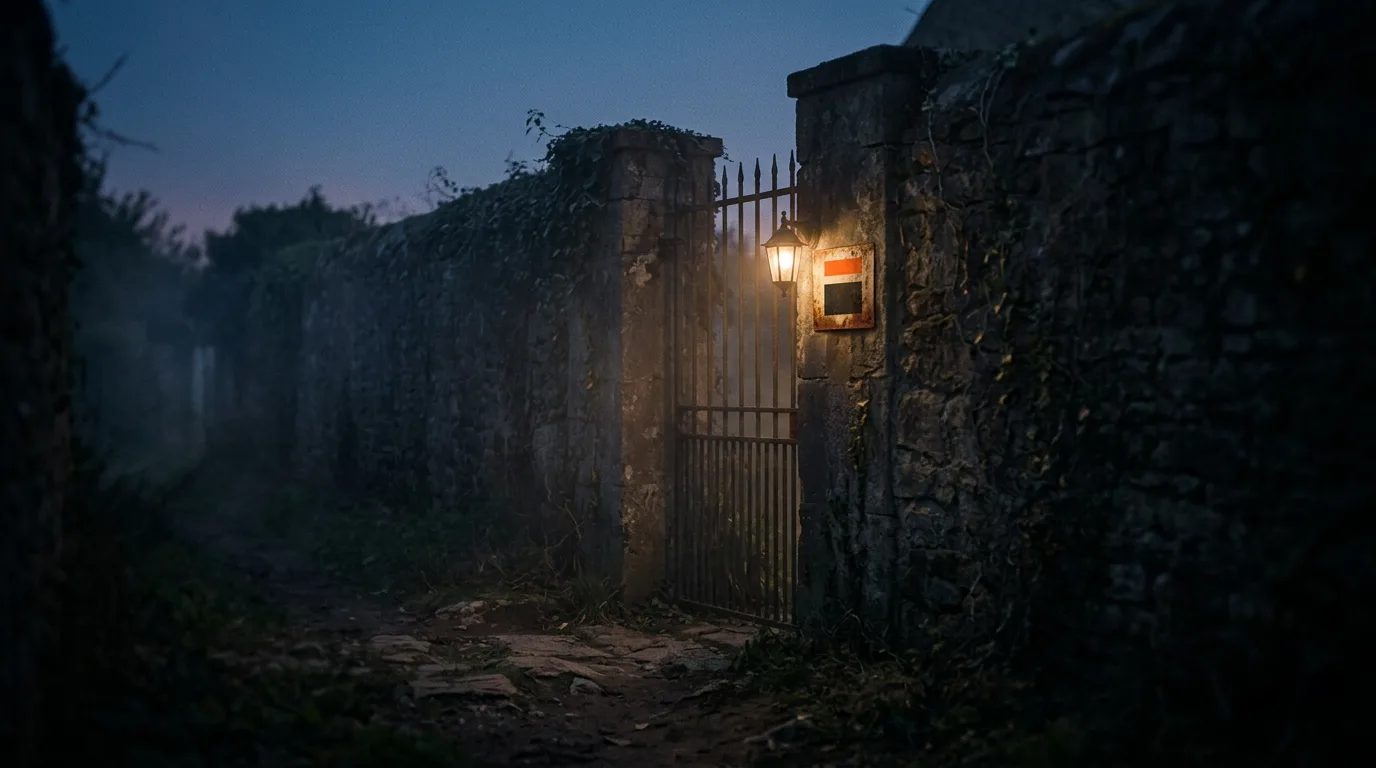 A narrow lamplit gate set into a long stone wall at dusk, one path through while the rest of the wall stays dark.