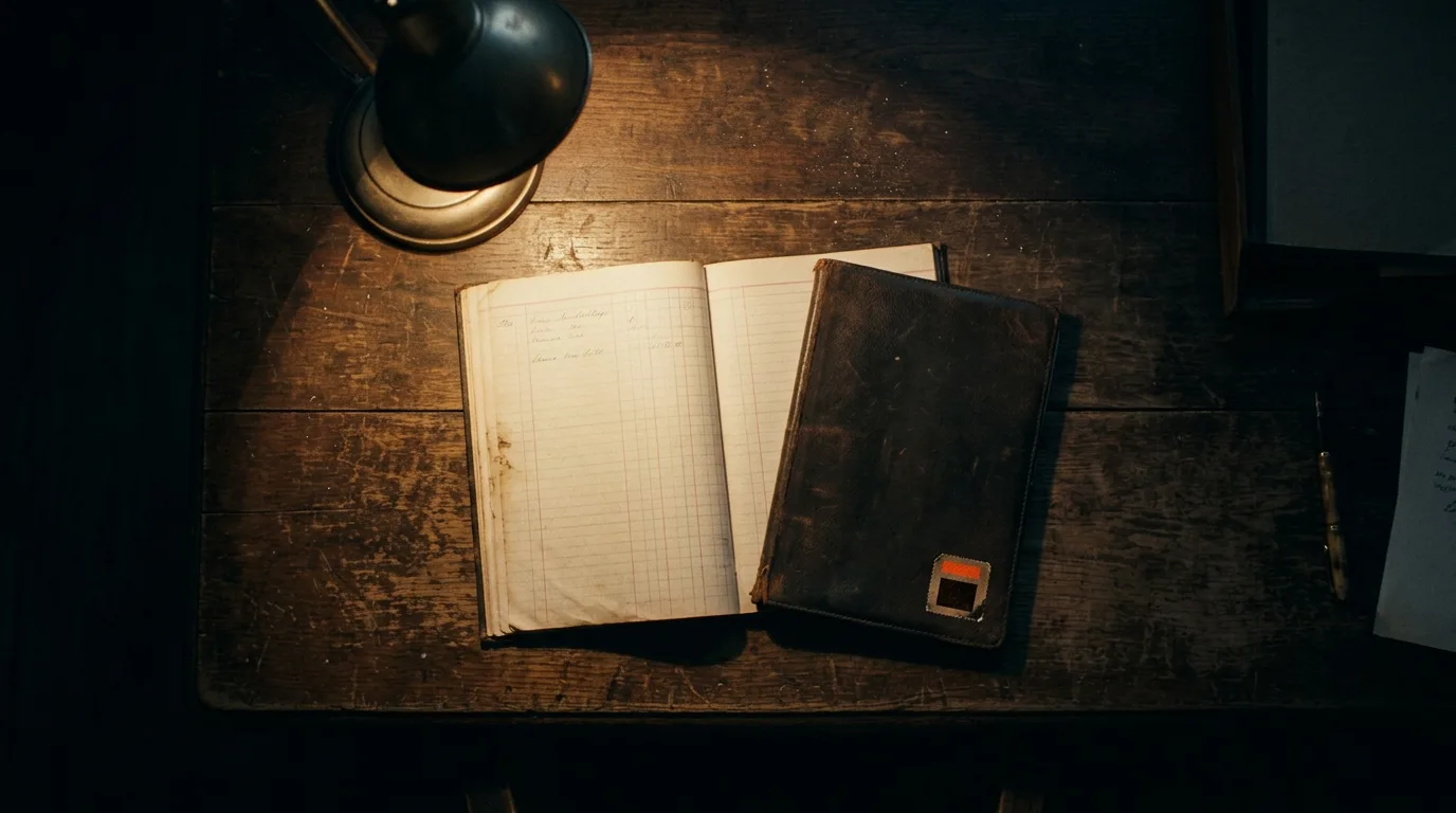 An open ledger lying under a single desk lamp on a worn wooden table, everything beyond the light falling into shadow.