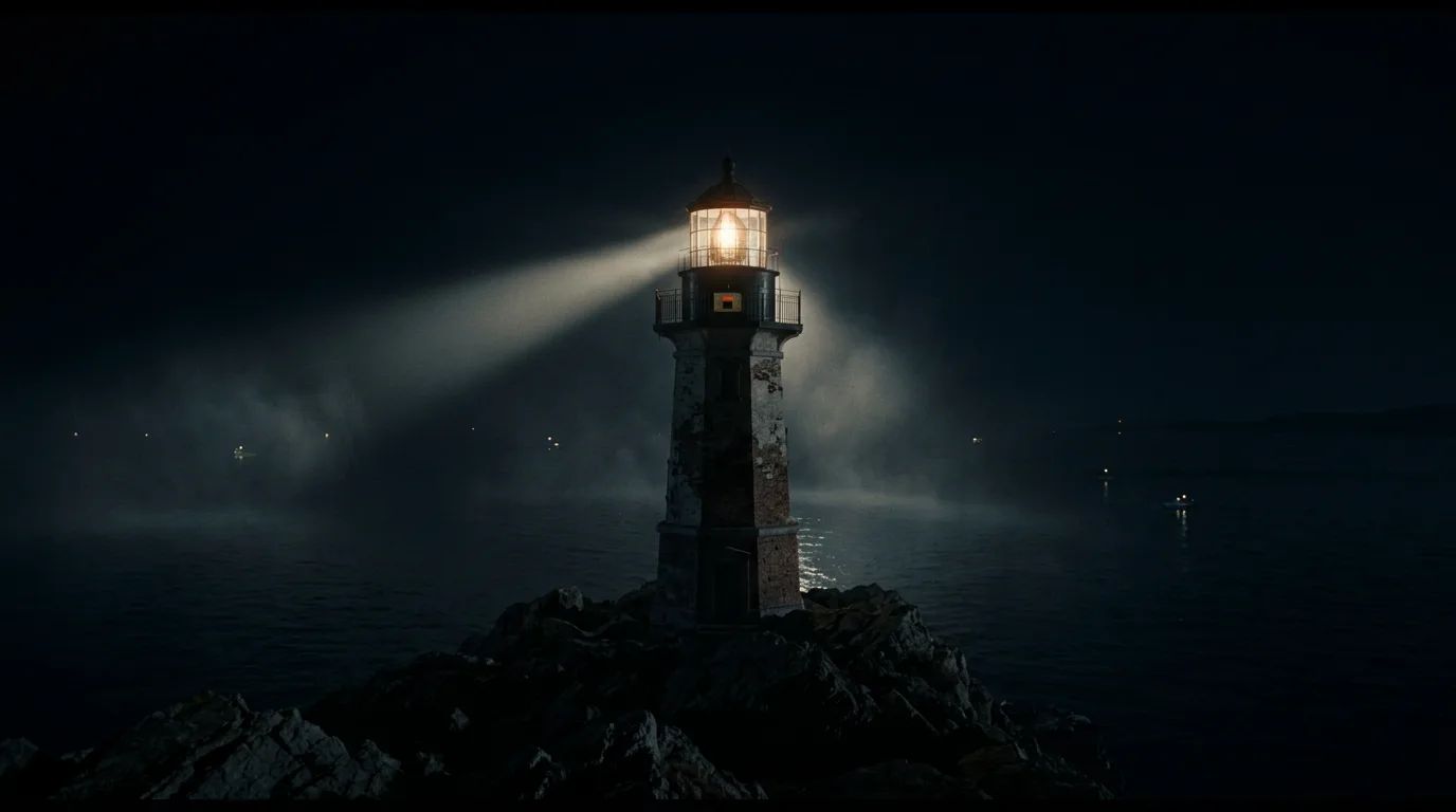 A lighthouse beam sweeping over a dark harbor at night, cutting through sea haze.