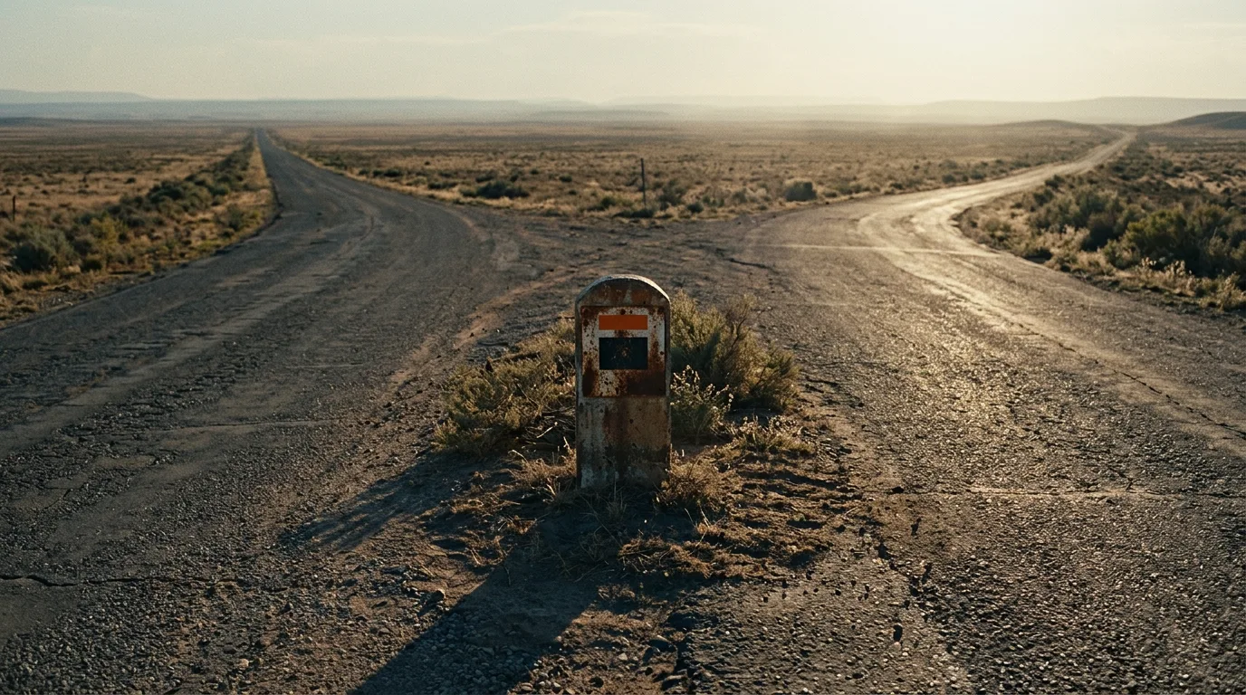 A long straight road through open country splitting into two paths at a weathered milestone marker, long shadows stretching across the road.