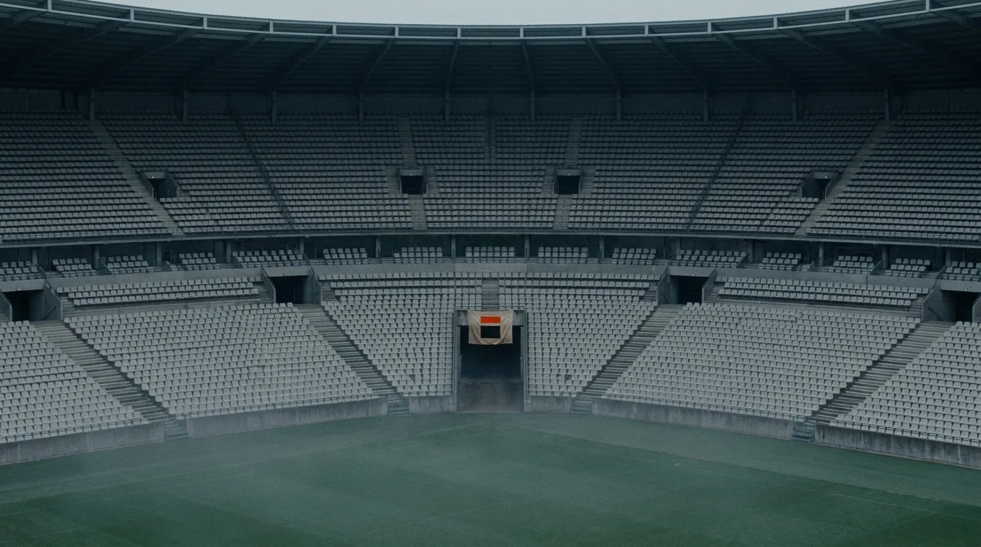 An empty stadium at dawn before the gates open, mist low over the pitch, tiered seats fading into grey morning light.