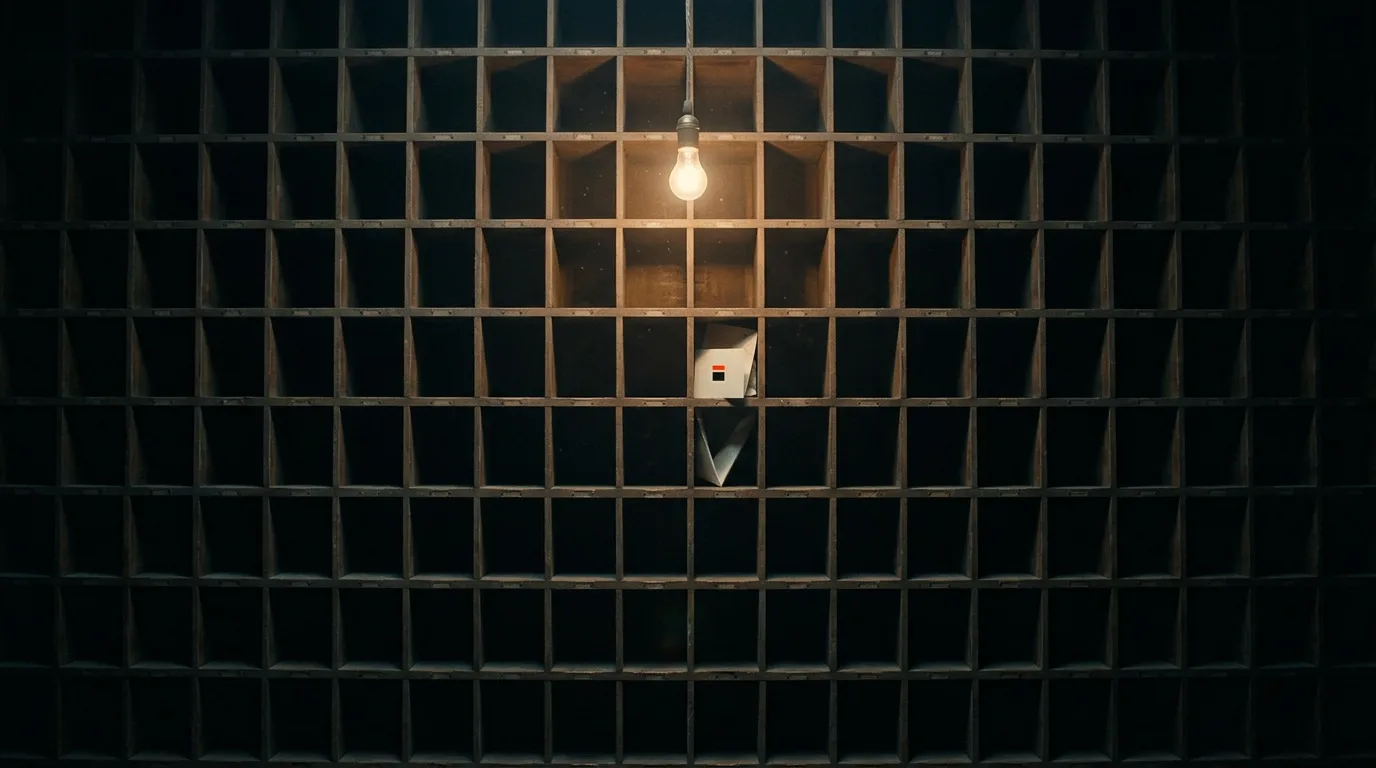 A dark wall of wooden mail slots in an old post office with one lit slot holding a single letter.
