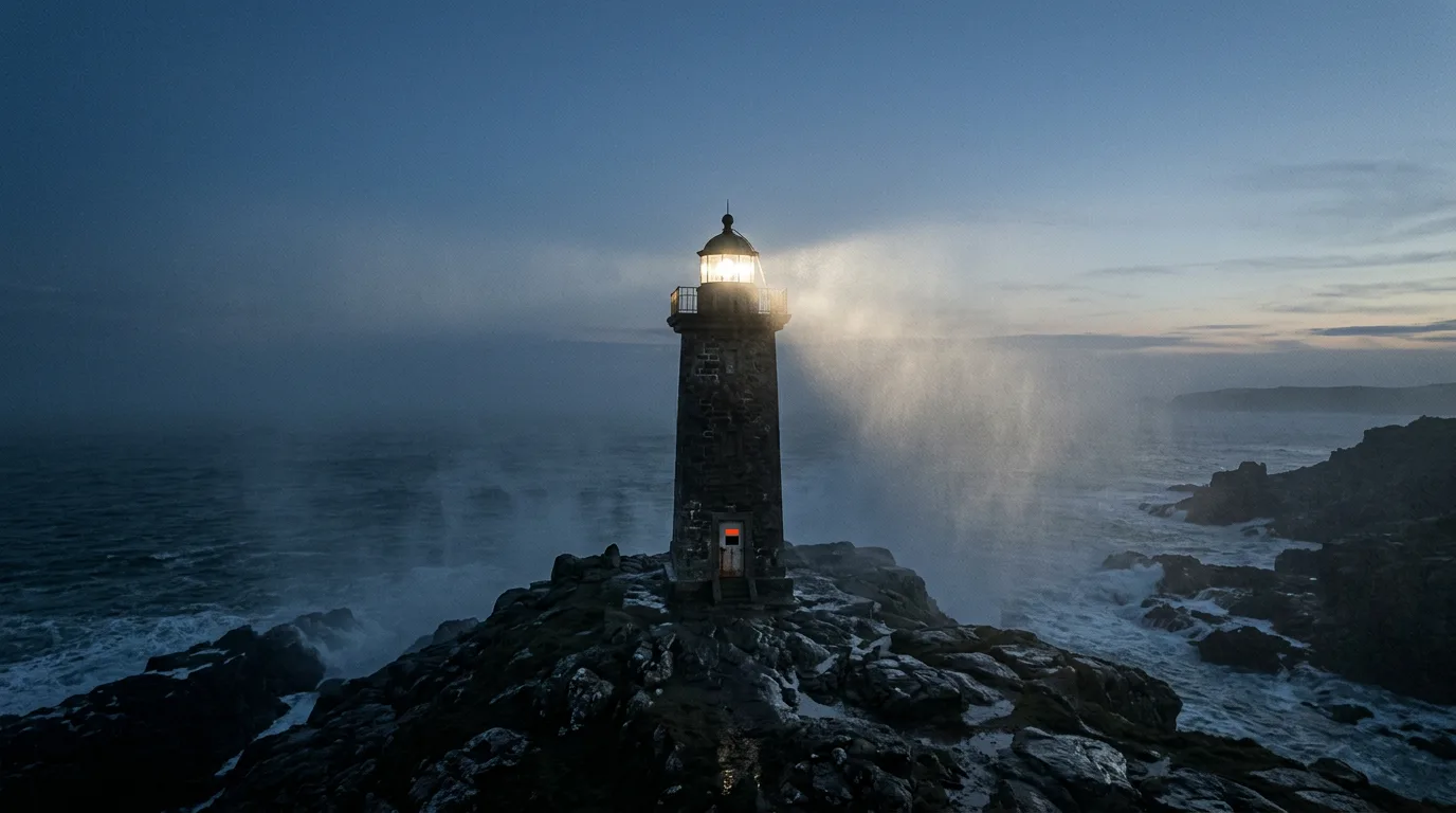 A lit lighthouse on a rocky headland sending its beam through sea mist at blue hour.
